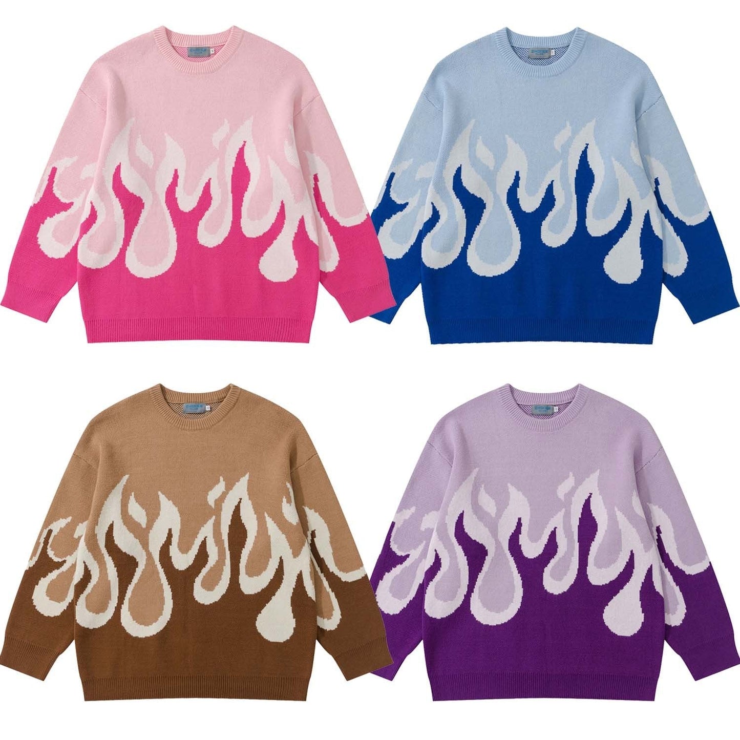 Flame Jacquard Loose Fit | Round Neck | Hip Hop | Sweater - # GIAA23510040