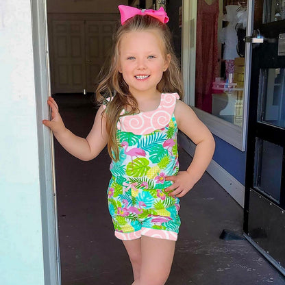 AnnLoren Little & Big Girls Pink Flamingo Palm Tree Kids Shorts Jumpsuit