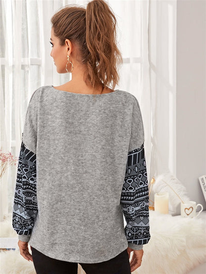 Girls Casual Loose Round Neck Long Sleeve Printed Sweater - # GIAA23510036