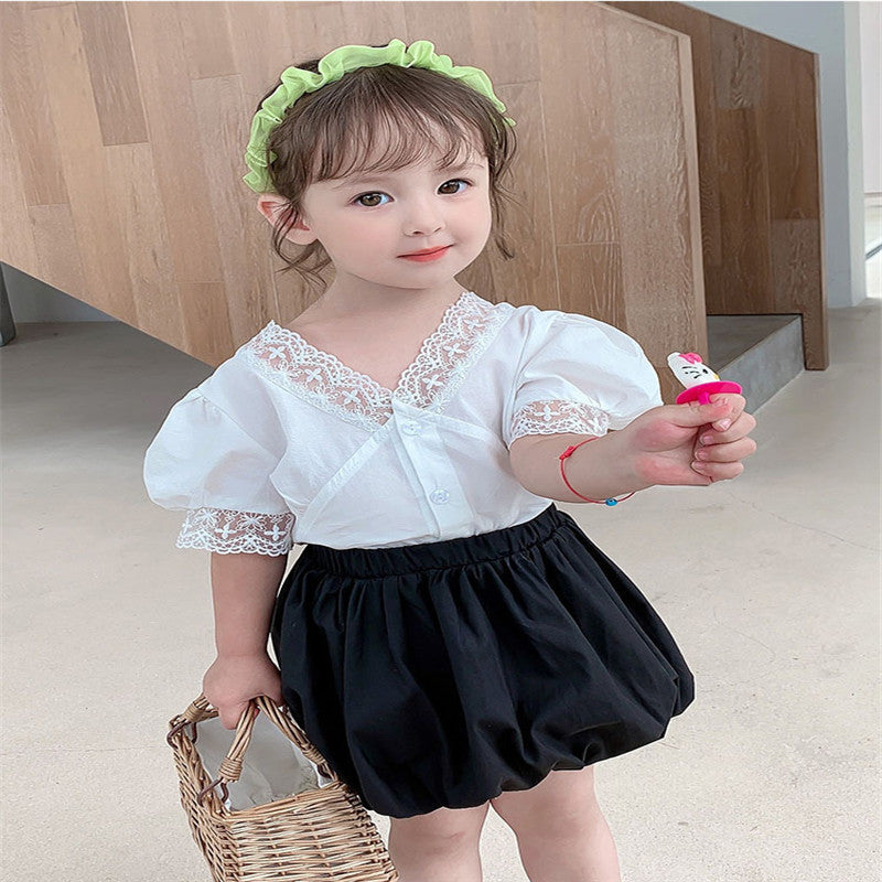 Girls' Summer Lace Top & Bubble Shorts Set | Ages 3-8 - # GIAA212310020