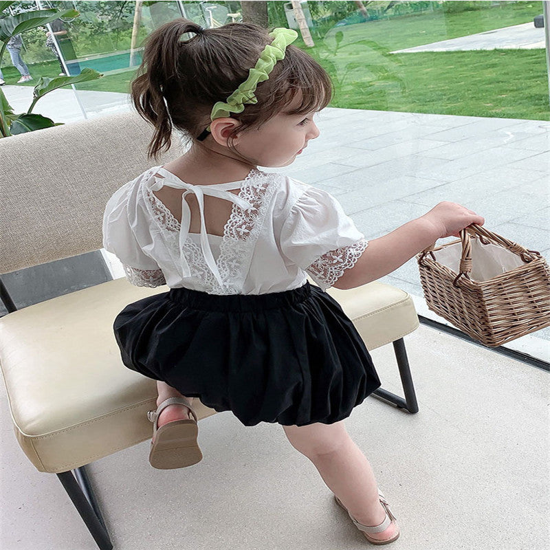 Girls' Summer Lace Top & Bubble Shorts Set | Ages 3-8 - # GIAA212310020