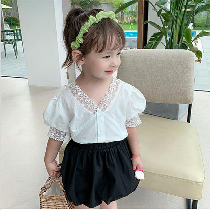 Girls' Summer Lace Top & Bubble Shorts Set | Ages 3-8 - # GIAA212310020