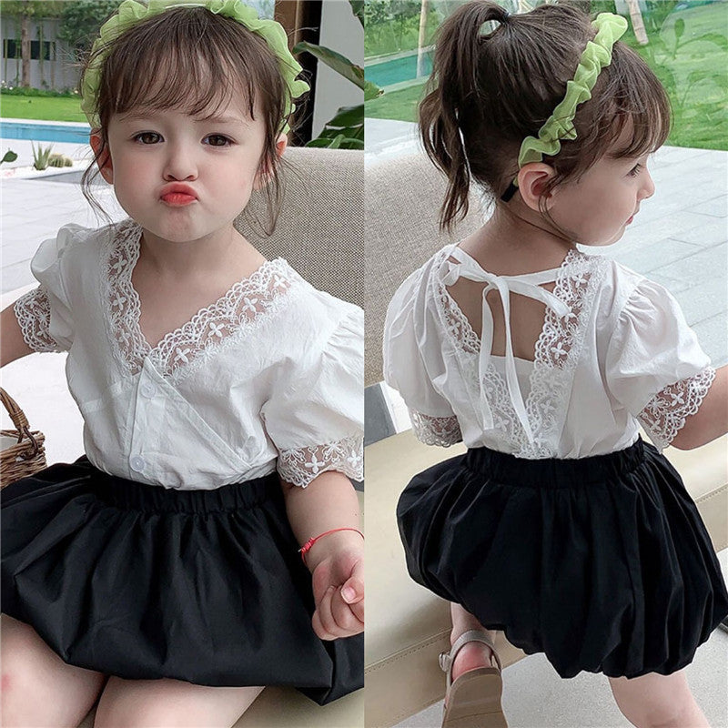 Girls' Summer Lace Top & Bubble Shorts Set | Ages 3-8 - # GIAA212310020