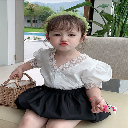 Girls' Summer Lace Top & Bubble Shorts Set | Ages 3-8 - # GIAA212310020