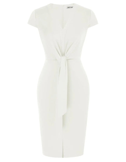 GRACE KARIN Women's Summer Midi Dresses Cap Sleeve Tie Waist Work Dress Slit V-Neck Bodycon Dress Business Casual Outfits Small Ivory - # GIAA231710003