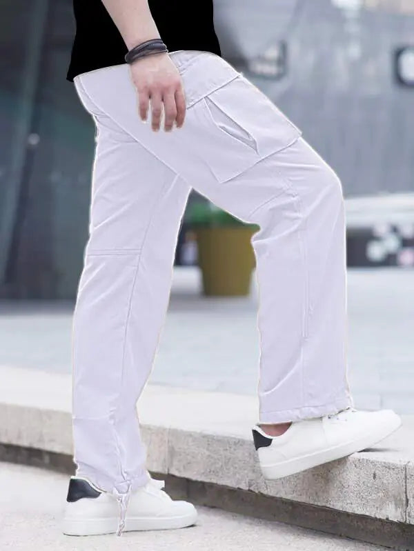 HUNGSON Boys Mens Cargo Pants Casual Hiking Pants Joggers Athletic Pants Cotton Loose Straight Sweatpants for Boys Men 28 White