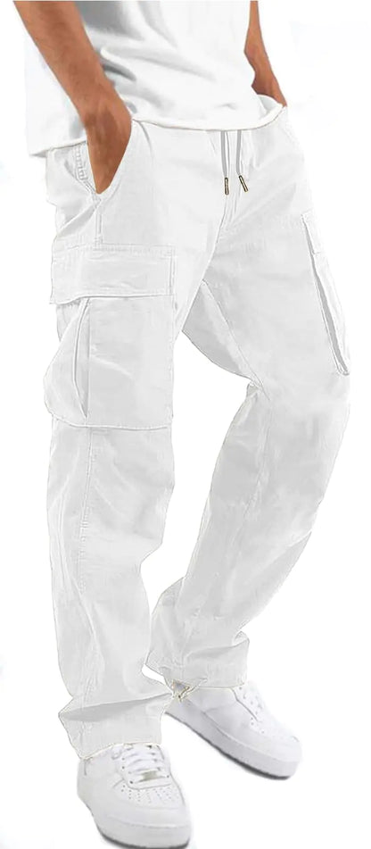 HUNGSON Boys Mens Cargo Pants Casual Hiking Pants Joggers Athletic Pants Cotton Loose Straight Sweatpants for Boys Men 28 White