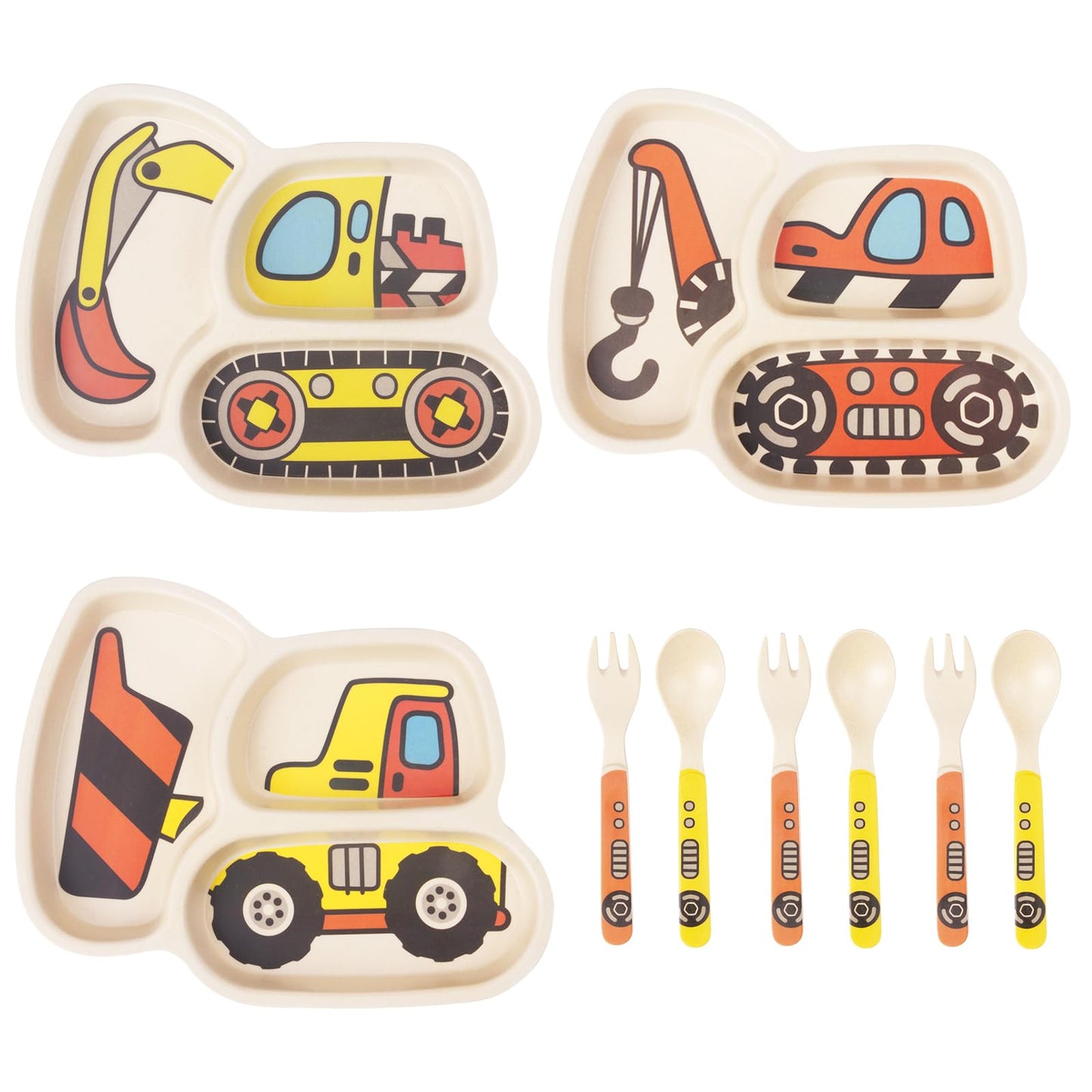 Kids Plates Set | Included Plate, Fork and Spoon 9-Piece Set | Dinner Dish Set Baby Feeding | Divided Plate | Child Portion Control Trays | Excavator+Bulldozer+Hook Truck - # BAGE21110022
