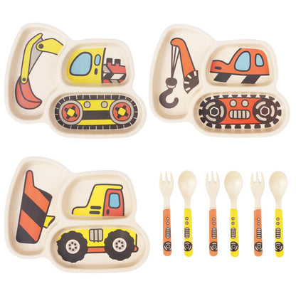 Kids Plates Set | Included Plate, Fork and Spoon 9-Piece Set | Dinner Dish Set Baby Feeding | Divided Plate | Child Portion Control Trays | Excavator+Bulldozer+Hook Truck - # BAGE21110022
