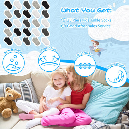 Kids Socks, 25 Pairs Toddler Socks Low Cut for Boys Girls(0-14 Years Old), 25 Pairs Children Ankle Socks Set 10-14 Years #1 Black+white+grey+darkgrey 25pk - # BOAA11810004