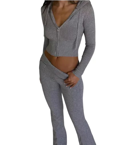 Knitted Hooded Two-Piece Set - # GIAA23310008