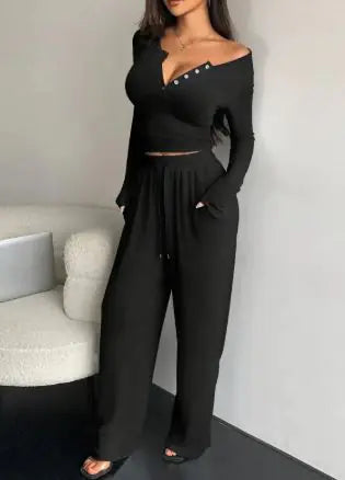 Long-sleeved Button-up And Trousers Two-piece Suit - # GIAA23310005