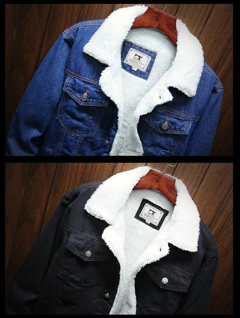 Men's Fleece-Lined Denim Jacket with Lambswool Lining - # BOAA131010001