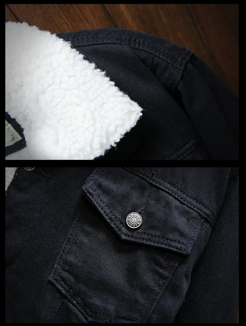 Men's Fleece-Lined Denim Jacket with Lambswool Lining - # BOAA131010001
