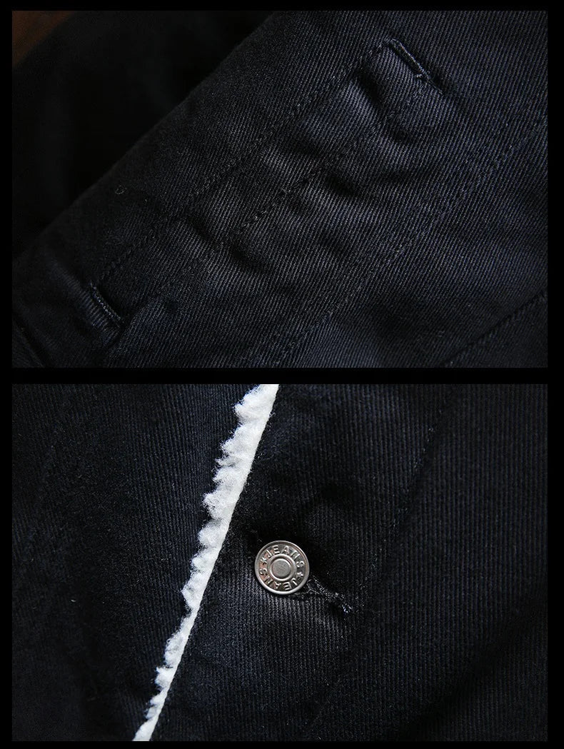 Men's Fleece-Lined Denim Jacket with Lambswool Lining - # BOAA131010001