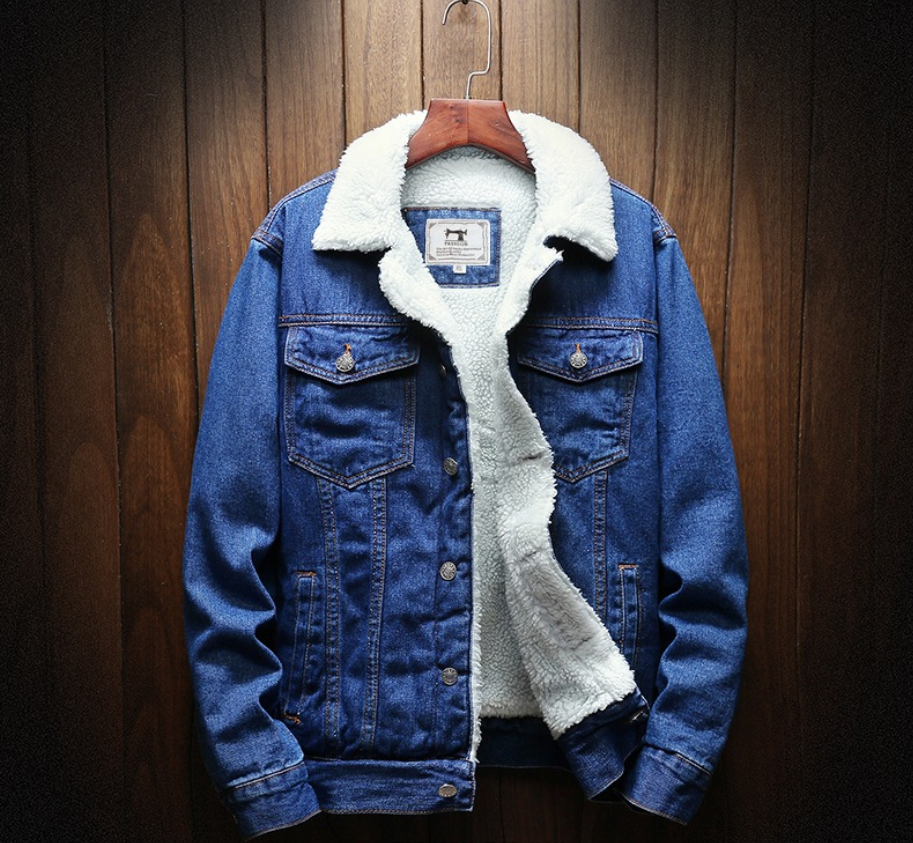 Men's Fleece-Lined Denim Jacket with Lambswool Lining - # BOAA131010001