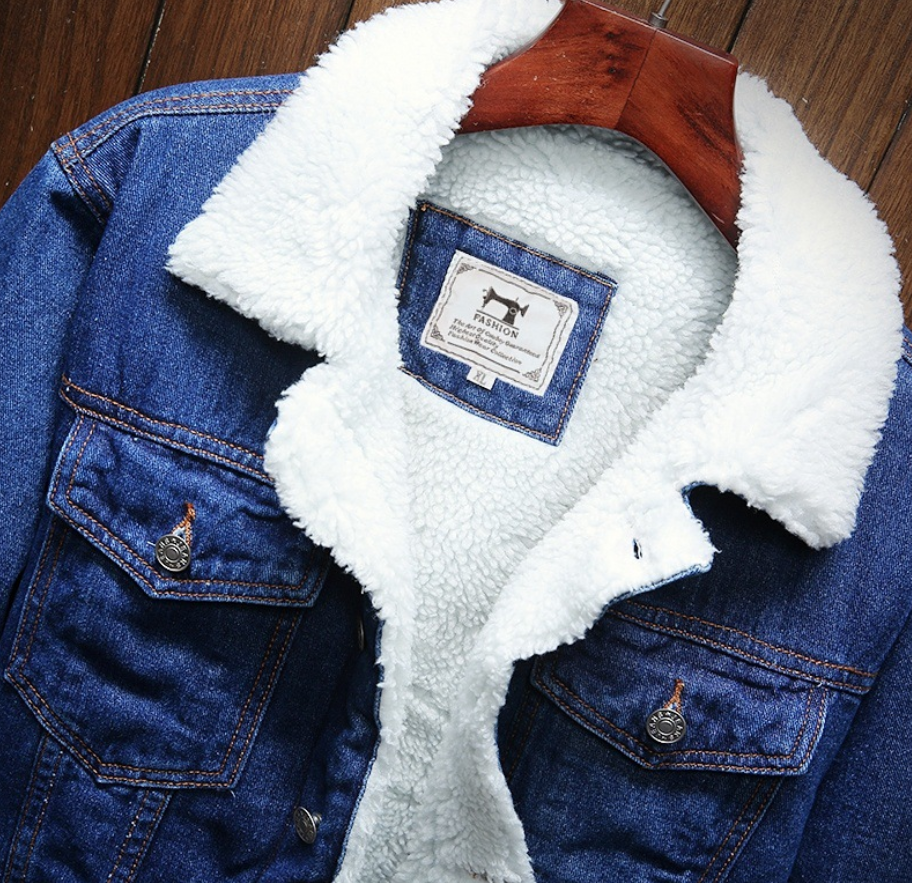 Men's Fleece-Lined Denim Jacket with Lambswool Lining - # BOAA131010001