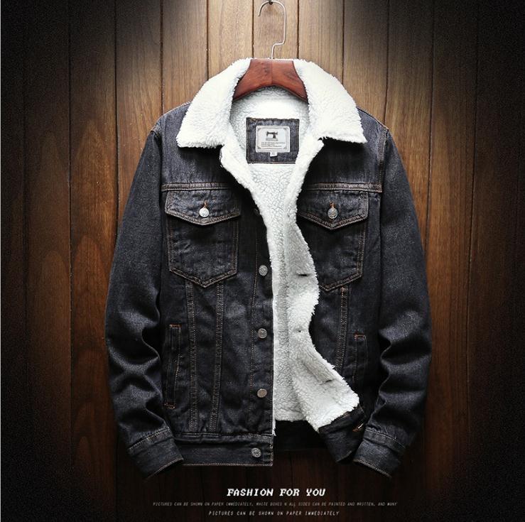 Men's Fleece-Lined Denim Jacket with Lambswool Lining - # BOAA131010001