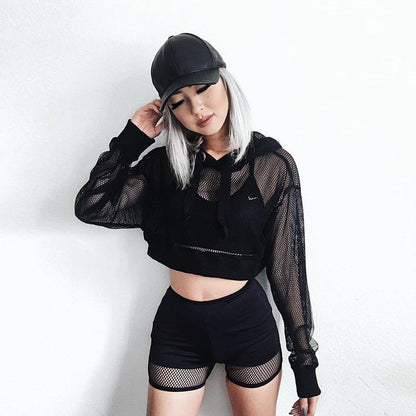 Mesh Long Sleeve Hooded Sheer Top | For Women Casual Wear - # GIAA23510045