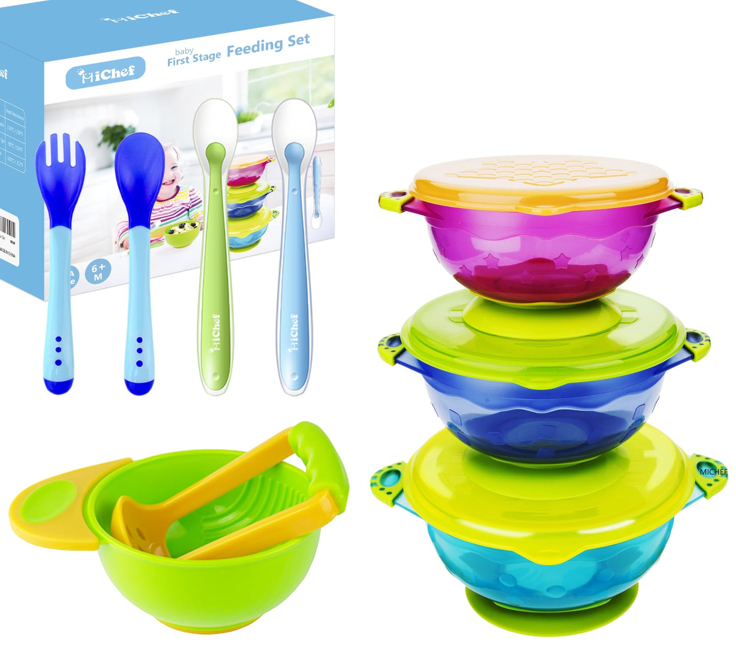 MICHEF | Baby Bowls | Baby Feeding Bowls Set | With 2 Hot Safe Baby Fork and Spoon 2 Soft-Tip | Silicone Baby Spoons Mash and Serve Bowl | Baby Bowls for Toddler with Lids - # BAGE21110020