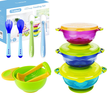 MICHEF | Baby Bowls | Baby Feeding Bowls Set | With 2 Hot Safe Baby Fork and Spoon 2 Soft-Tip | Silicone Baby Spoons Mash and Serve Bowl | Baby Bowls for Toddler with Lids - # BAGE21110020