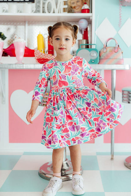 SALE Watercolor Hearts 3/4 Sleeve Pocket Twirl Dress