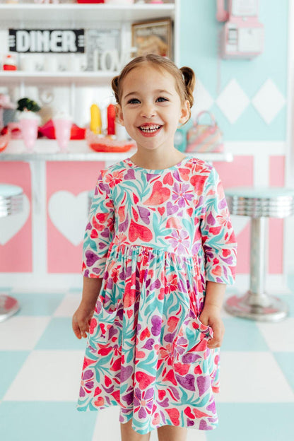 SALE Watercolor Hearts 3/4 Sleeve Pocket Twirl Dress
