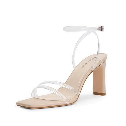 Modatope Womens Sandals Square Open Toe Chunky High Heels Strappy Ankle Strap Sandals Comfort Dress Party Shoes 9 Clear - # GIAA73210002