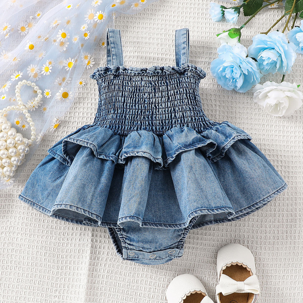 Newborn Baby Girl Denim Suspender Romper Dress - # BAAA1B1110001
