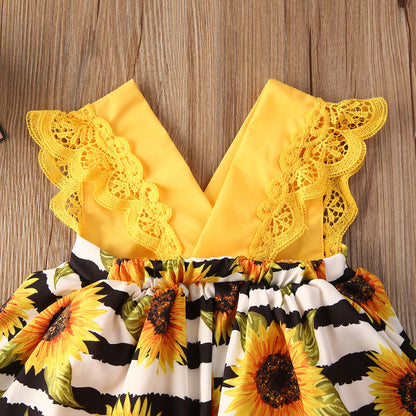 Newborn Baby Girl Lace Ruffle Sunflower Romper Set - # BAAA1B1110003