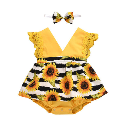 Newborn Baby Girl Lace Ruffle Sunflower Romper Set - # BAAA1B1110003