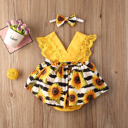 Newborn Baby Girl Lace Ruffle Sunflower Romper Set - # BAAA1B1110003