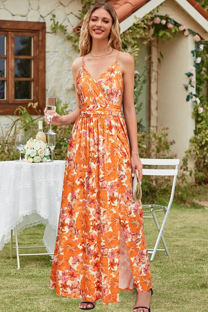 Newshows Women's Summer Maxi Dress Spaghetti Strap Spring Casual Boho V Neck Split Beach Long Flowy Dresses Trendy X-Large Orange Floral Pink - # GIAA231710004