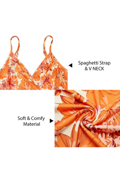 Newshows Women's Summer Maxi Dress Spaghetti Strap Spring Casual Boho V Neck Split Beach Long Flowy Dresses Trendy X-Large Orange Floral Pink - # GIAA231710004