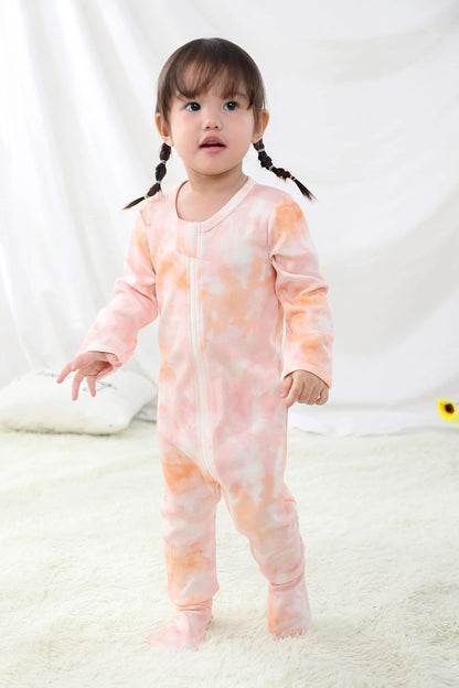 O2 BABY Baby Boys Girls Organic Cotton Zip-Front Sleeper Pajamas, Footed Sleep 'n Play 12-18 Months Orange/Pink 1 - # BOAA11710012