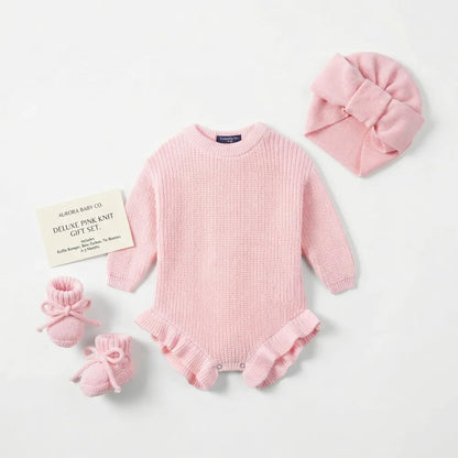 Ruffle Chunky Knit Baby Romper in Pink