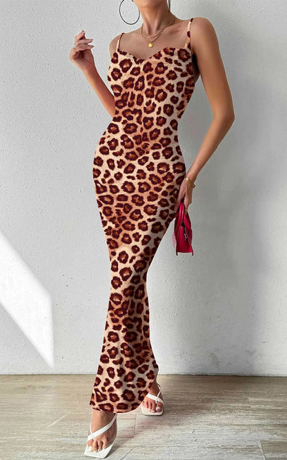 PRETTYGARDEN Women's 2024 Summer Floral Spaghetti Strap Maxi Dress Stretch Sexy Bodycon Dress Backless Slip Long Dresses Large Brown Leopard - # GIAA231710001