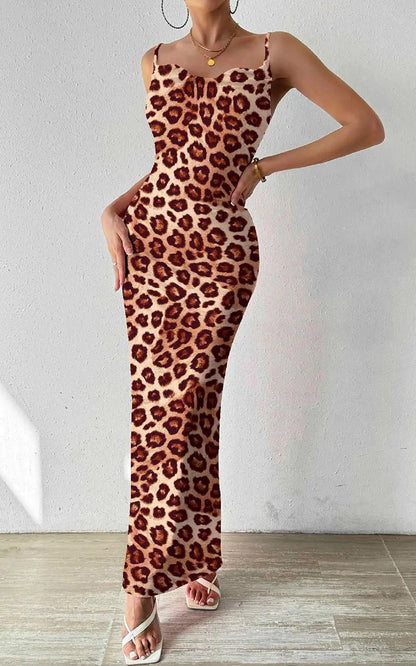 PRETTYGARDEN Women's 2024 Summer Floral Spaghetti Strap Maxi Dress Stretch Sexy Bodycon Dress Backless Slip Long Dresses Large Brown Leopard - # GIAA231710001