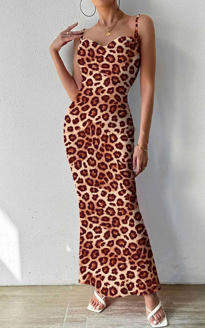 PRETTYGARDEN Women's 2024 Summer Floral Spaghetti Strap Maxi Dress Stretch Sexy Bodycon Dress Backless Slip Long Dresses Large Brown Leopard - # GIAA231710001