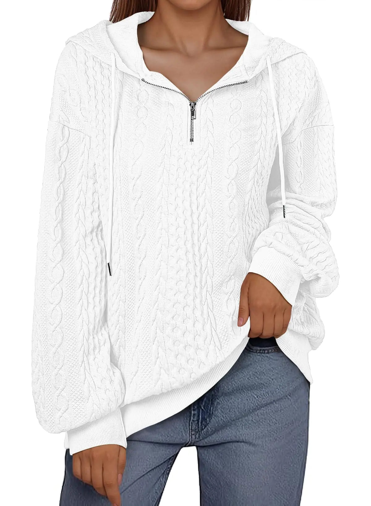 SHEWIN Women's Quarter Zip Hoodies Oversized Sweatshirt Long Sleeve Lightweight Pullover Tops Large White - # WOAA21510022-PRG