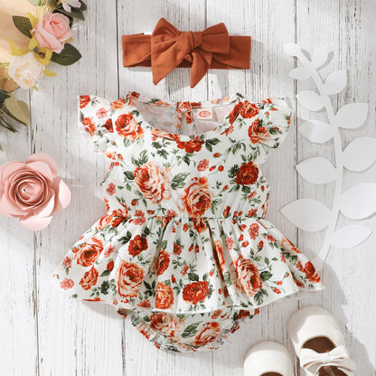 Sleeveless Floral Baby Girl Triangle Romper | With Headgear - # BAAA21110045
