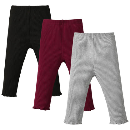 SOBOWO 3-6 Month Girl Pants Ribbed Leggings Baby Girl Pants Toddler Girls Solid Ribbed Pants 3 Pack Ruffle Elastic Waist Bottoms Leggings Fall Winter Clothes(Black/Wine Red/Gray 3-6 Months) - # BAAA1B1510005