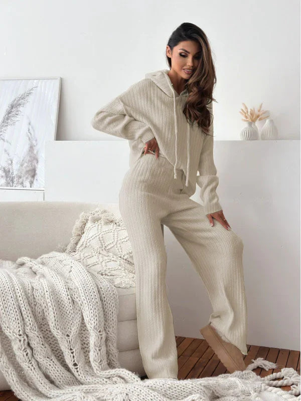 Solid Color Hooded Knitted Lounge Set for Women – Autumn Winter Two-Piece Outfit - # GIAA23910007