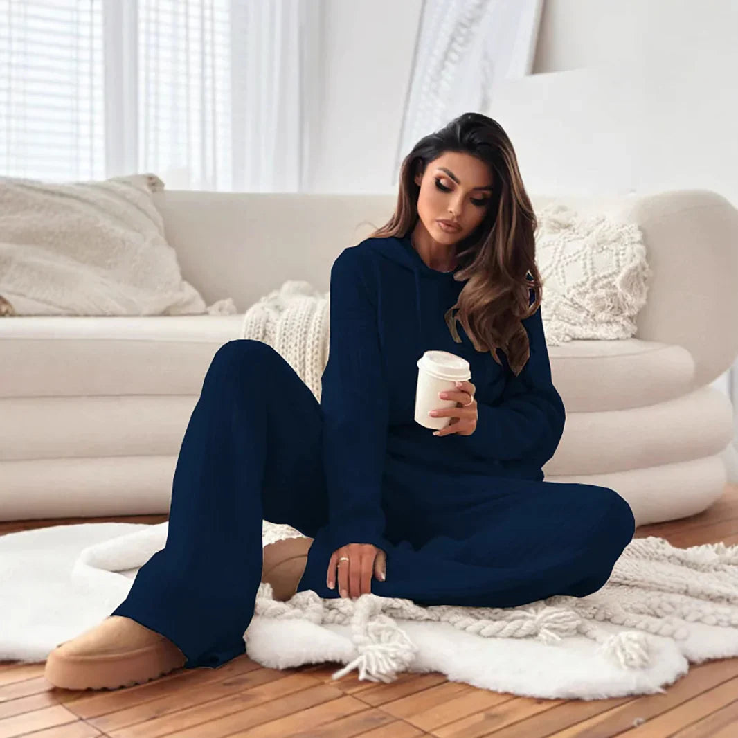 Solid Color Hooded Knitted Lounge Set for Women – Autumn Winter Two-Piece Outfit - # GIAA23910007