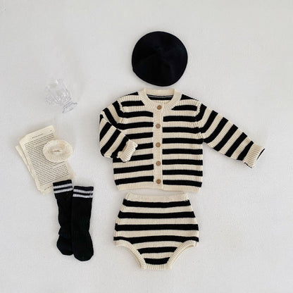 Striped Knitwear Set with Romper and Cardigan (One Set) - # BAAA51210038