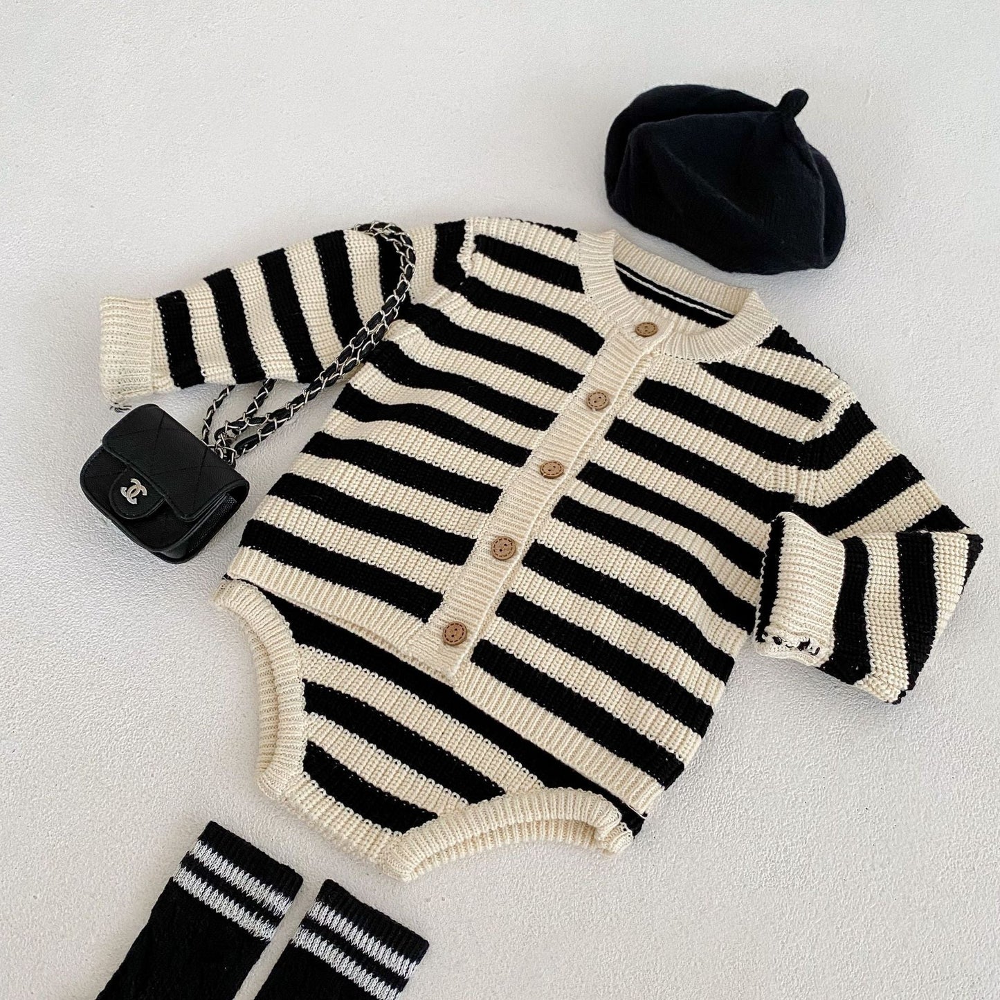Striped Knitwear Set with Romper and Cardigan (One Set) - # BAAA51210038