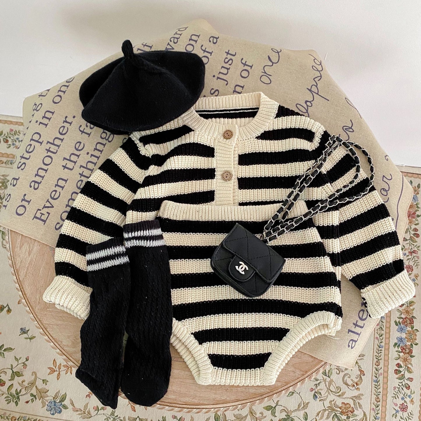 Striped Knitwear Set with Romper and Cardigan (One Set) - # BAAA51210038
