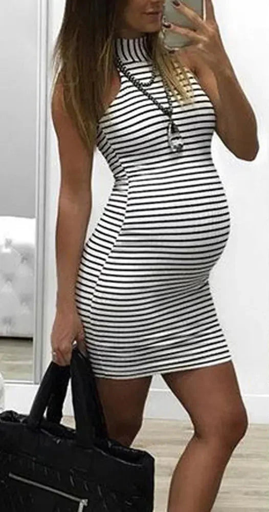 Striped Maternity Dress with Halter Neck Design - # PRGTA11510009