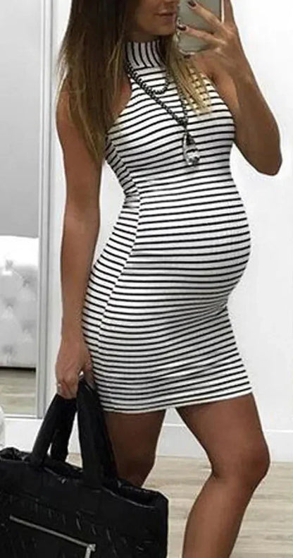 Striped Maternity Dress with Halter Neck Design - # PRGTA11510009