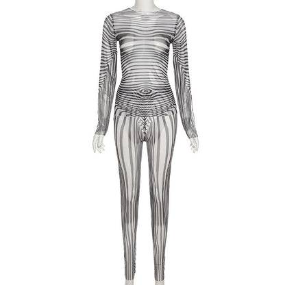 Striped Mesh Pant Set | With Long Sleeve Top | One Piece - # GIAA23310009 & GIAA23410031 & GIAA23310010